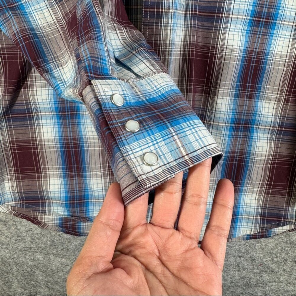 Vintage Wrangler Plaid Western Burgundy Pearl Snap Button Shirt L Tall Cotton - Picture 4 of 14